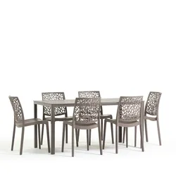 RATTATAN Gartenset mit Tisch und 6 Stühlen, rechteckiger Tisch mit Eisenstruktur und einteilige, stapelbare Stühle aus Harz – Thomas+Anna/Taupe