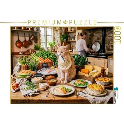 CALVENDO Puzzle Katze am Tisch mit Auswahl handzubereiteter Bio Wellness Köstlichkeiten | 1000 Teile Lege-Größe 64 × 48 cm Foto-Puzzle für glückliche