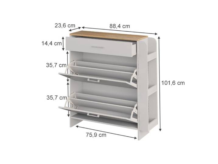 Armoire à chaussures Movino 88.4x101.6cm avec des compartiments ouverts et fermés Blanc/Chêne Vicco 58301