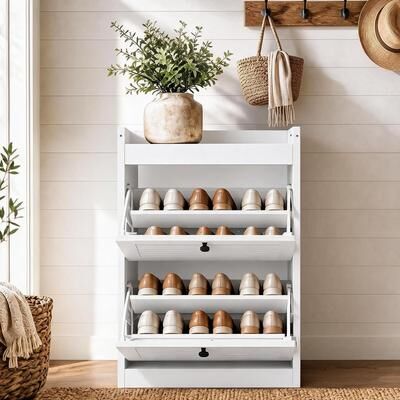 YUN Wooden Shoe Cabinet with 2 Flip Drawers, Compact Entryway Shoe Storage Organizer