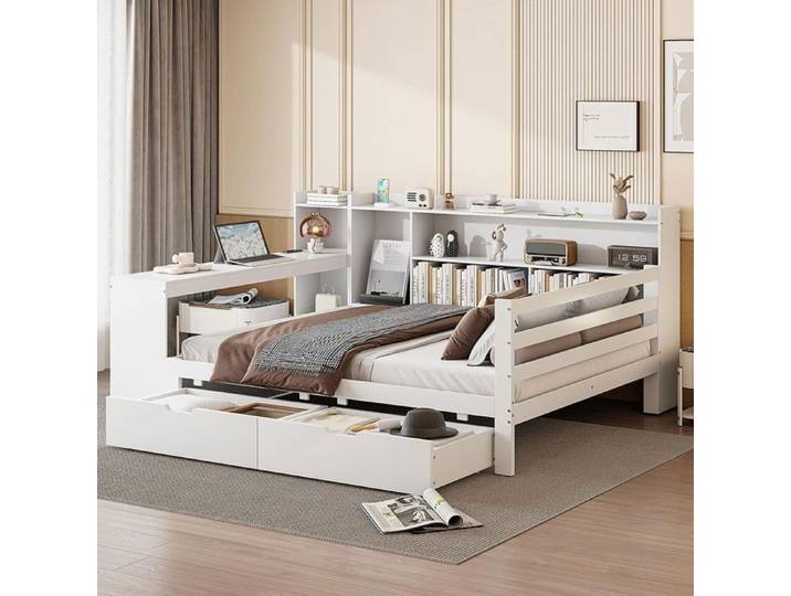Lit enfant multifonctionnel - AUTREMENT - 140x200 cm - Avec tiroirs et bureau - Couleur Blanc - Bois massif