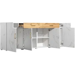 Sideboard TV-Schrank 208x39x80 cm mit 2 Schubladen, 4 Türen, weiß marmoriert Braun, modern Landhaus, multifunktional, Aufbewahrung