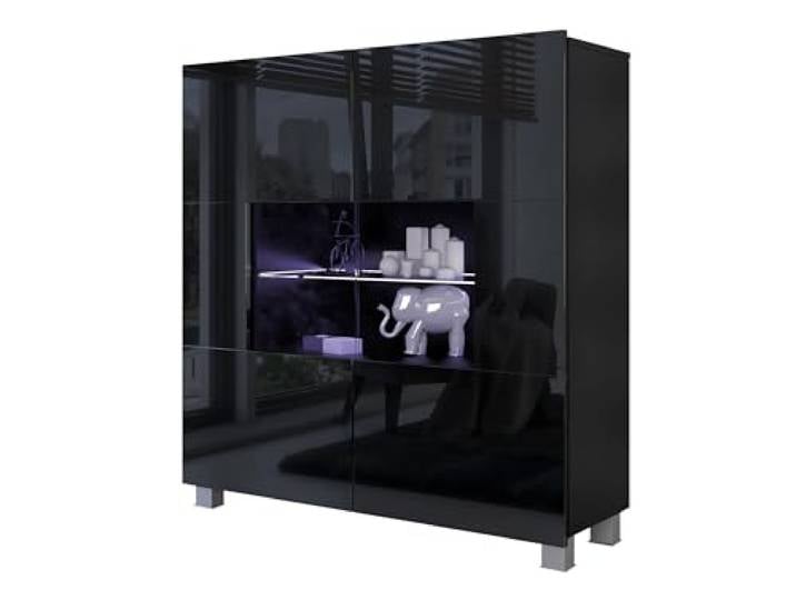 Mirjan24 Kommode Calabrini BR01 mit 2 Türen (Schwarz Hochglanz, Blauer LED) Moderne grifflose Kommode mit gehärtetem Glas und viel Stauraum für Wohn- und Schlafzimmer