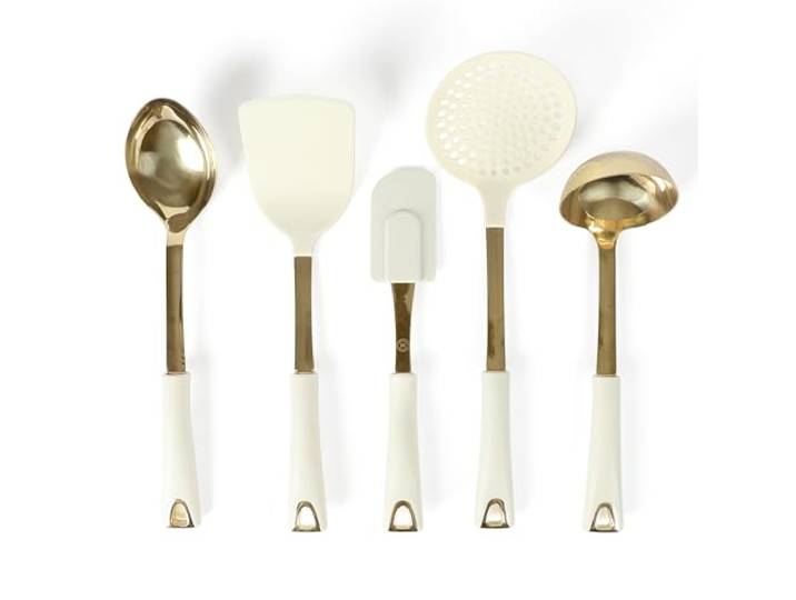 Martha Stewart Lockton 5-teiliges Küchenutensilien-Set aus Edelstahl und Nylon – Leinen mit Gold