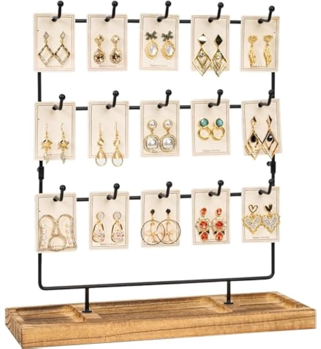 Oorbel Displayrek – Houten Organizer met 15 Haken voor Oorbellen en Sieradenkaarten