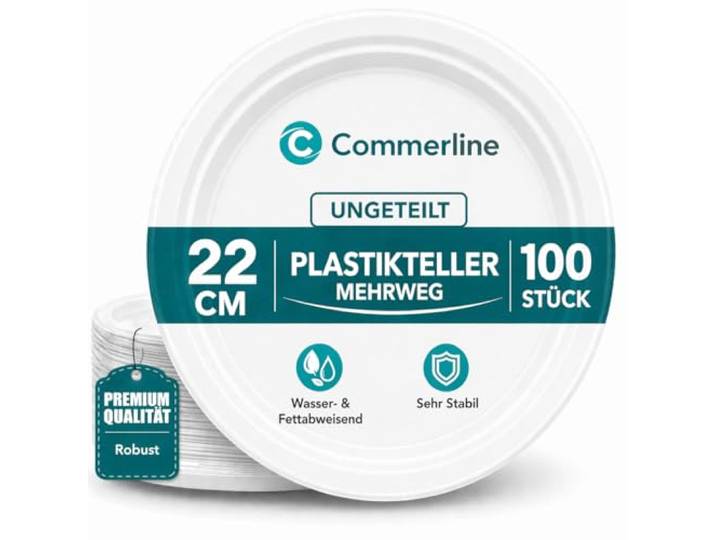 Commerline Plastikteller, 800 Stück, Kunststoffteller, Plastikgeschirr 22 cm, ungeteilt, Partyteller, Partygeschirr Mehrweg, große Servierfläche, robust, Grill, Buffet, Catering & Camping