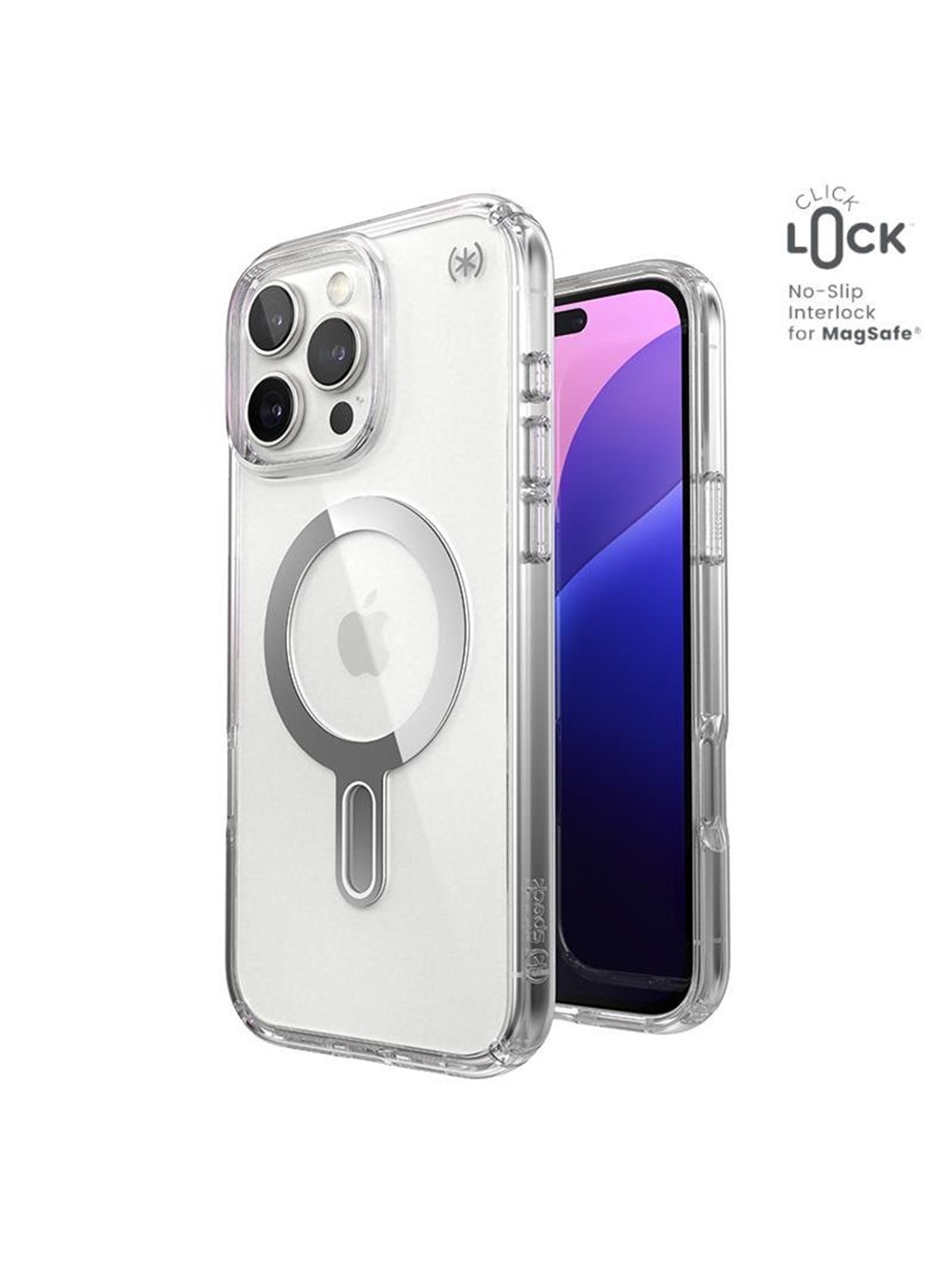 Speck Presidio Perfect-Clear ClickLock & MagSafe - iPhone 16 Pro Max Case - Clear / Chrome Finish / Serene Silver