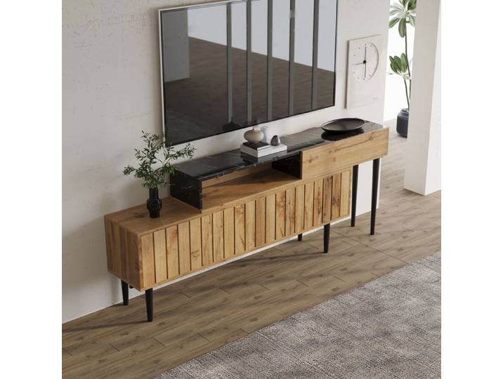 Meuble TV moderne design marbre et bois bord PVC pieds en fer bois foncé décoration intérieure gain de place résistant