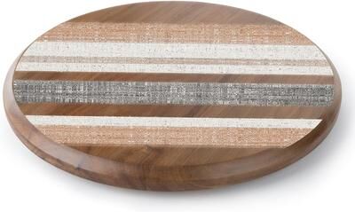 CounterArt "Wide Stripes Round Acacia Wood Lazy Susan Turntable 14"" Diameter for Serving Kitchen Organization Condiment Caddy"