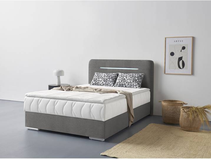 Boxbett, Polyester, Grau, 146×207 cm, Mit LED-Beleuchtung & Bettkasten, Komfort, Cotta