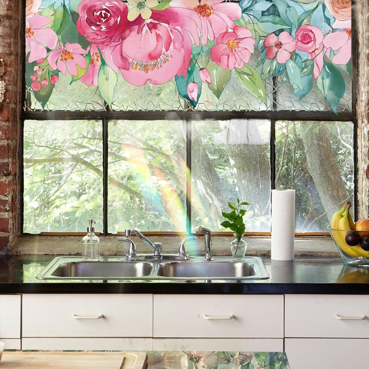 Decoratieve Raamfolie met Roze Bloemen, Statische Zelfklevende Privacy Glasfolie