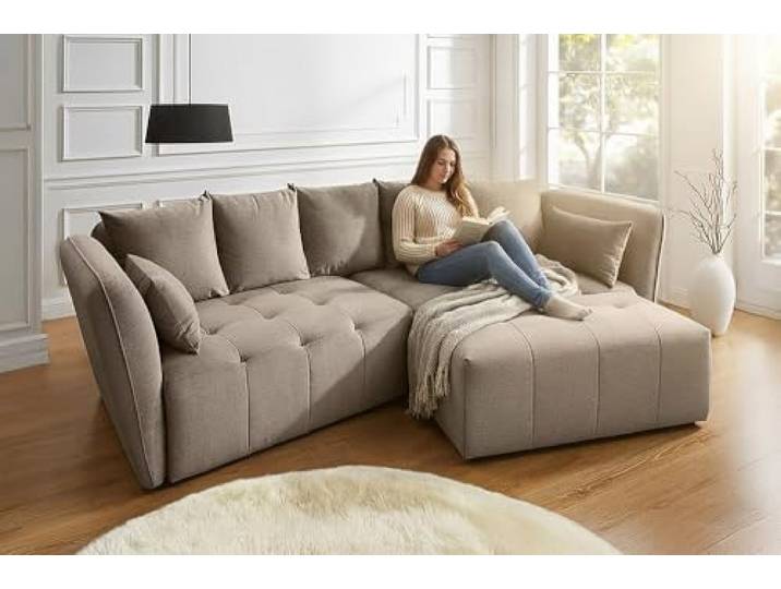 Big Sofa ROYAL - 295cm - greige - Veloursstoff - Federkern inklusive Kissen 7 Kissen, Taschenfederkern, Nosagfederung, zeitloser Stil, Rundum-Bezug, pflegeleicht