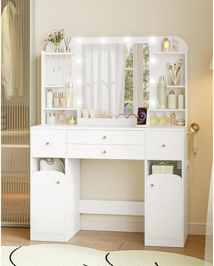Brayden Studio Dressing Table with Mirror, Vanity Table with Adjustable Brightness, Power Strip, 4 Drawers and 2 Open Cabinets, 5 Jewelry Hooks, Open Compartments White 144cm H X 108cm W X 40cm D