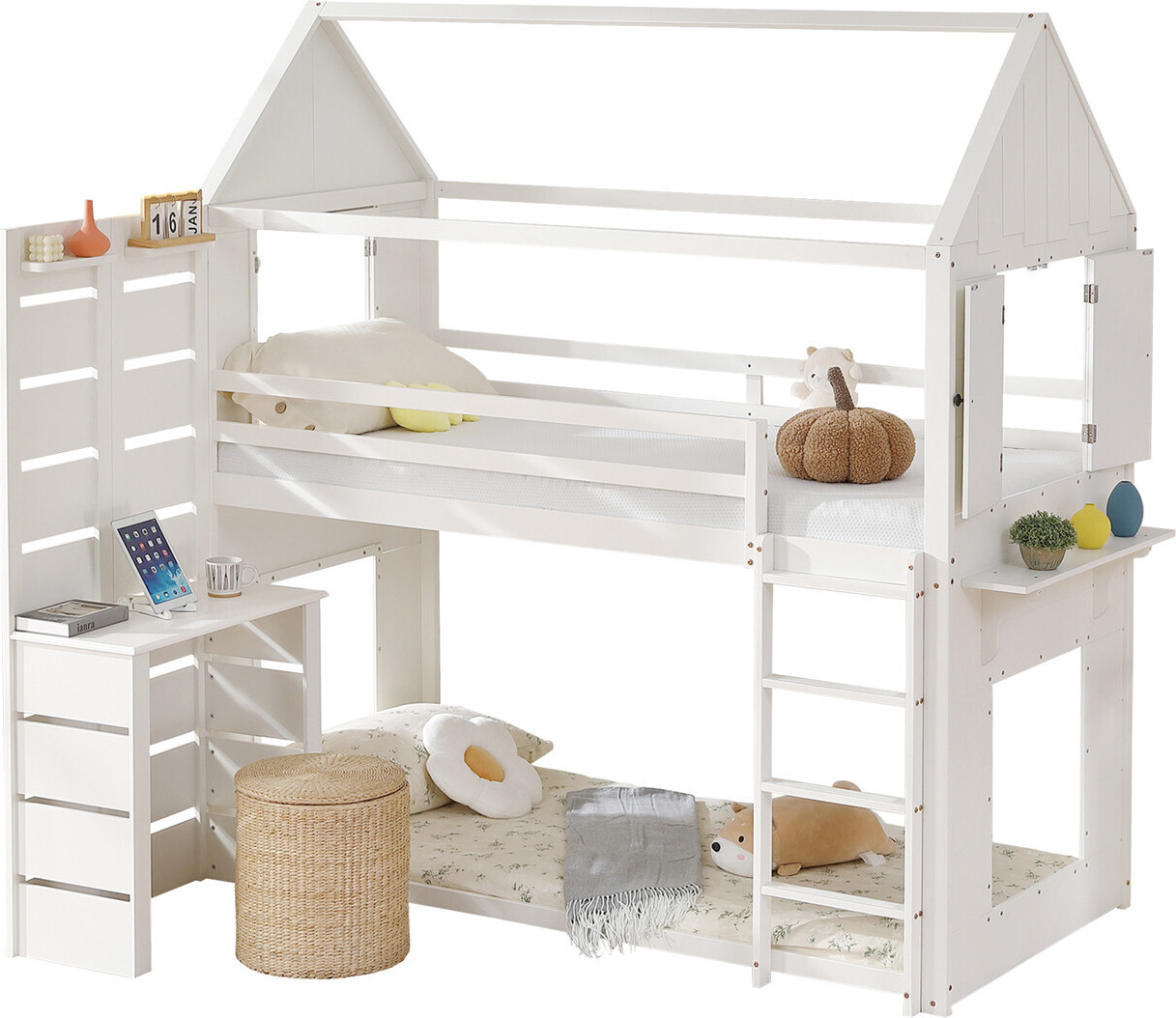 Etagenbett, Hausbett, Kinderbett mit Fallschutz und Gitter, mit Tisch, Offenes Regal, zwei Fenster, Reichlich Stauraum, Kiefer+MDF