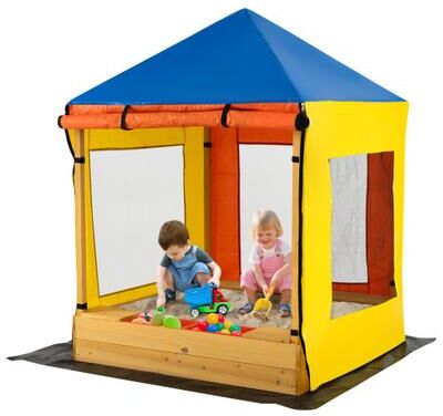 Costway Kids Wooden Sandbox with Canopy Large Sand Pit with Mesh Windows and Bottom Liner-Multicolor