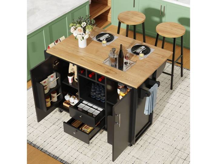 WOVREO Îlot central de cuisine mobile avec plateau rabattable et 2 tabourets de bar noir