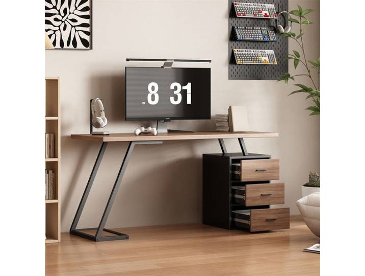 Bureau avec 3 Tiroirs Bureau Informatique avec Support de Moniteur Bureau Bois avec Rangement Bureau à Domicile pour Travail