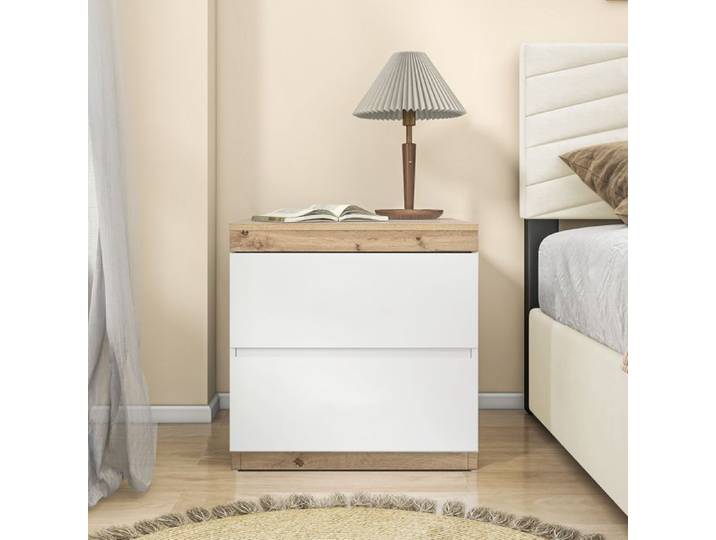 BEL Table de Chevet 2 Tiroirs Commode de Nuit Rangement Panneaux de Particules E1 Chambre Blanc et Chêne