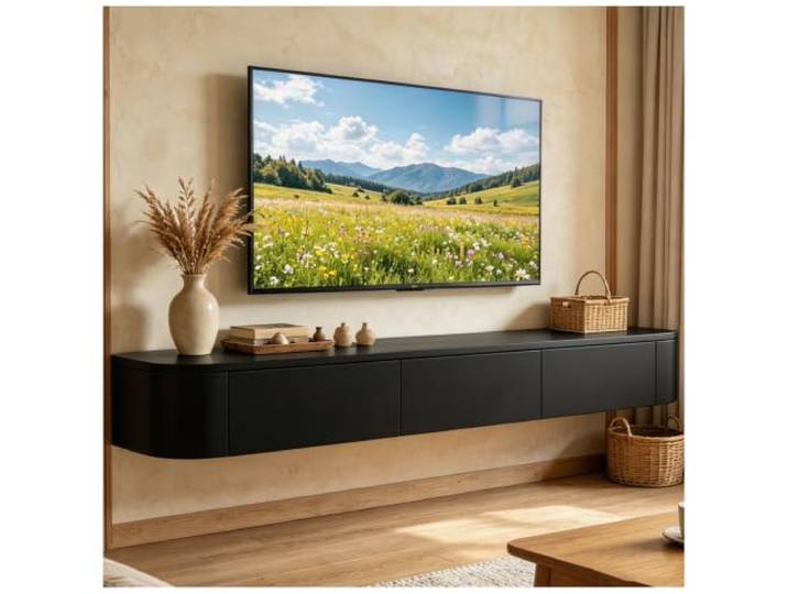 JUNFUNNLE TV Schrank 180cm Schwarz, TV Board Hängend, TV Lowboard mit 2 Schubladen 1 Klappen, Moderner Fernsehtisch mit Kabelmanagement, TV Tisch für Wohnzimmer und Esszimmer