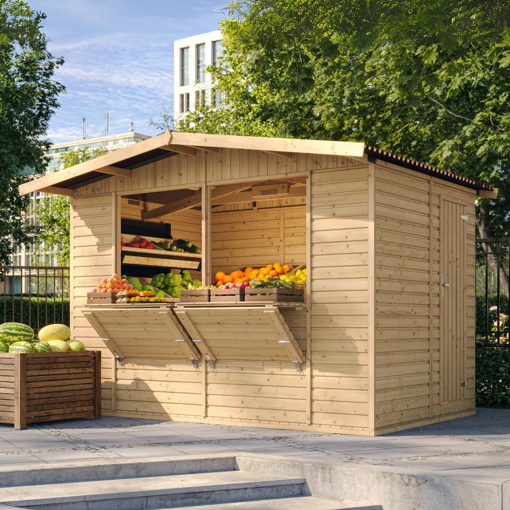 TIMBELA M150 Houten Tuinhuis Marktkraam met Toonbank en Ramen B/D/H: 336 x 232 x 263 cm