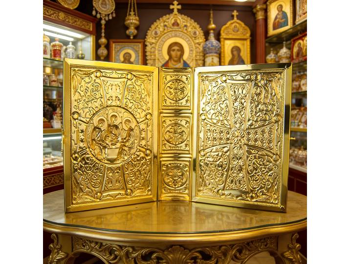 Couverture de livre de l'Évangile catholique orthodoxe plaquée or avec croix émaillée pour la liturgie de l'Église, l'autel domestique, la prière, la dévotion, cadeau chrétien