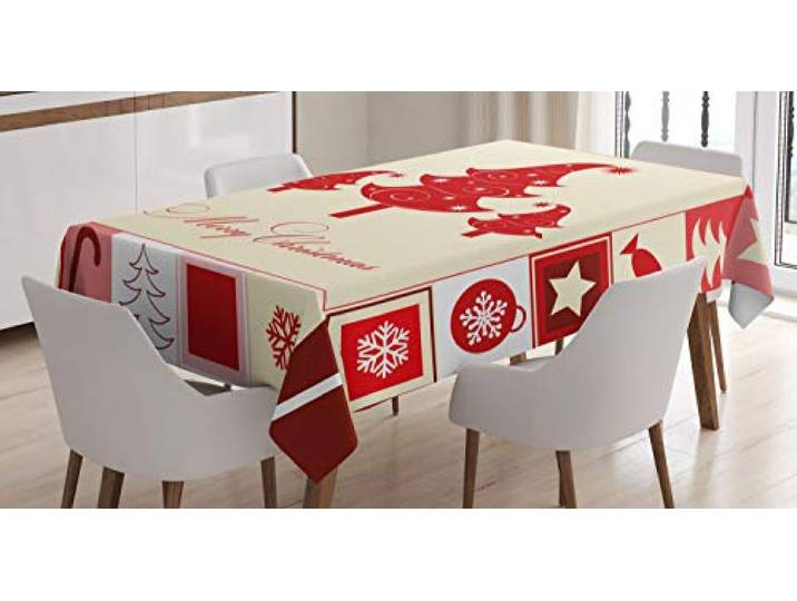 ABAKUHAUS Weihnachten Tischdecke, Bäume Süßigkeit Sterne, Wasserfest Waschbar mit Klar Sichtbaren Farben kein Verblassen Personalisiert, 140 x 170 cm, Vermilion helles Rosa Elfenbein