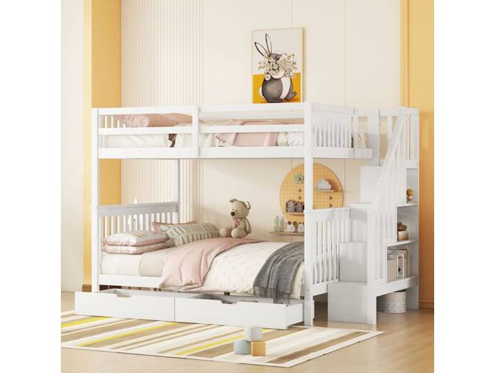 DRIPEX Lit superposé 140×200cm avec deux tiroirs et escaliers de rangement Lit avec sommier à lattes Blanc
