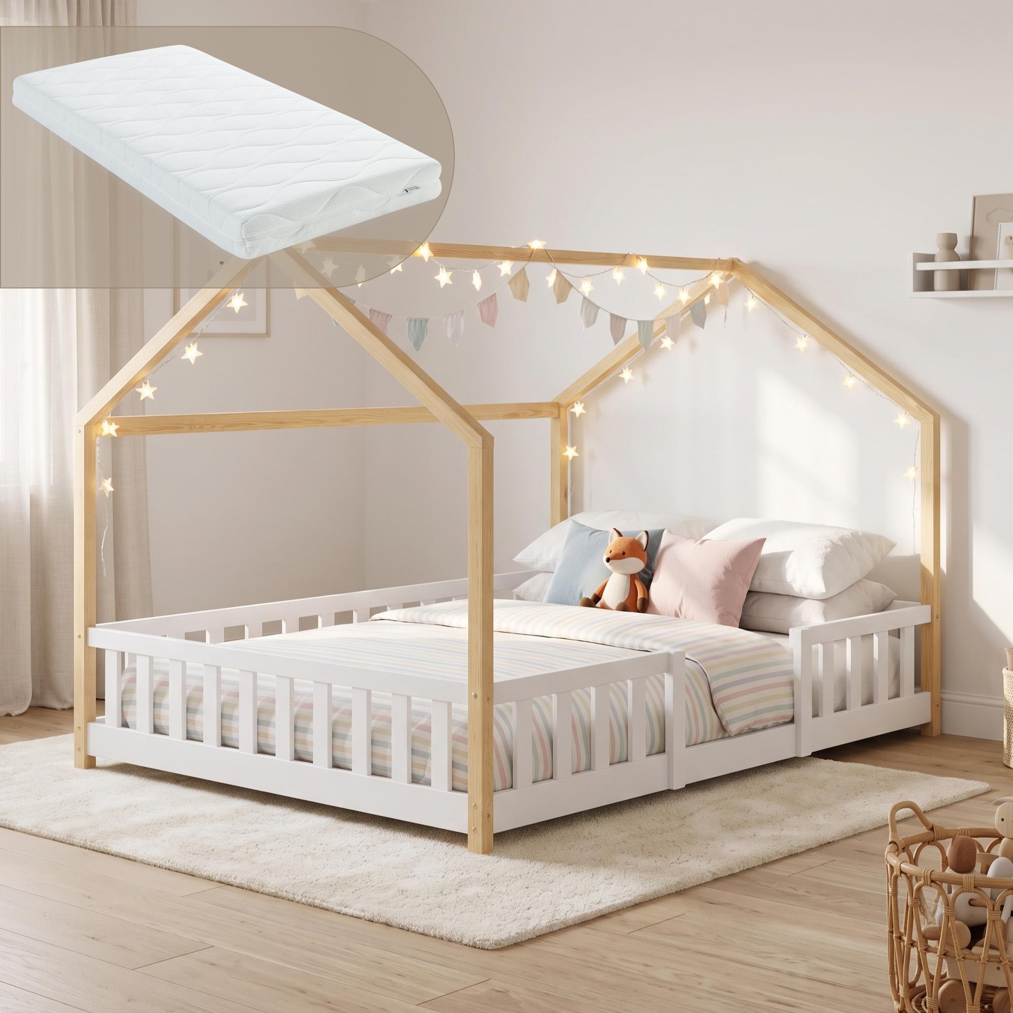 Kinderbett 'Sisimiut' Montessori in Haus-Optik mit Matratze und Rausfallschutz Kiefernholz 140x200 cm Weiß/Natur