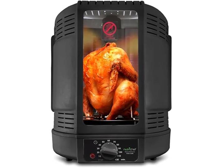 NutriChef Hähnchengrill mit Drehspieß – Schwarz 700W Mini-Backofen Vertikal Elektrogrill Heißluft-Rotisserie für Hähnchen, Döner, Fleisch - Kompakt & Fettarm Inkl. Zubehör und Auffangschale
