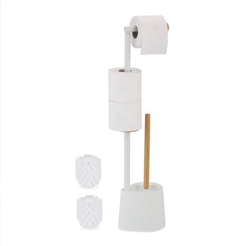 Relaxdays toiletaccessoires set met bamboe en rvs in wit, inclusief toiletborstel en toiletrolhouder