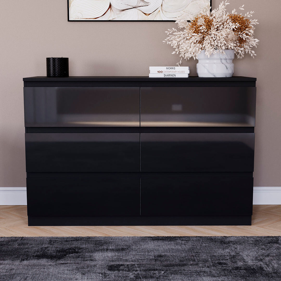17 Stories Oslo 6 Drawer High Gloss Chest, (FSC 100%) Bedroom Home Storage Furniture Black 77cm H X 120cm W X 40cm D