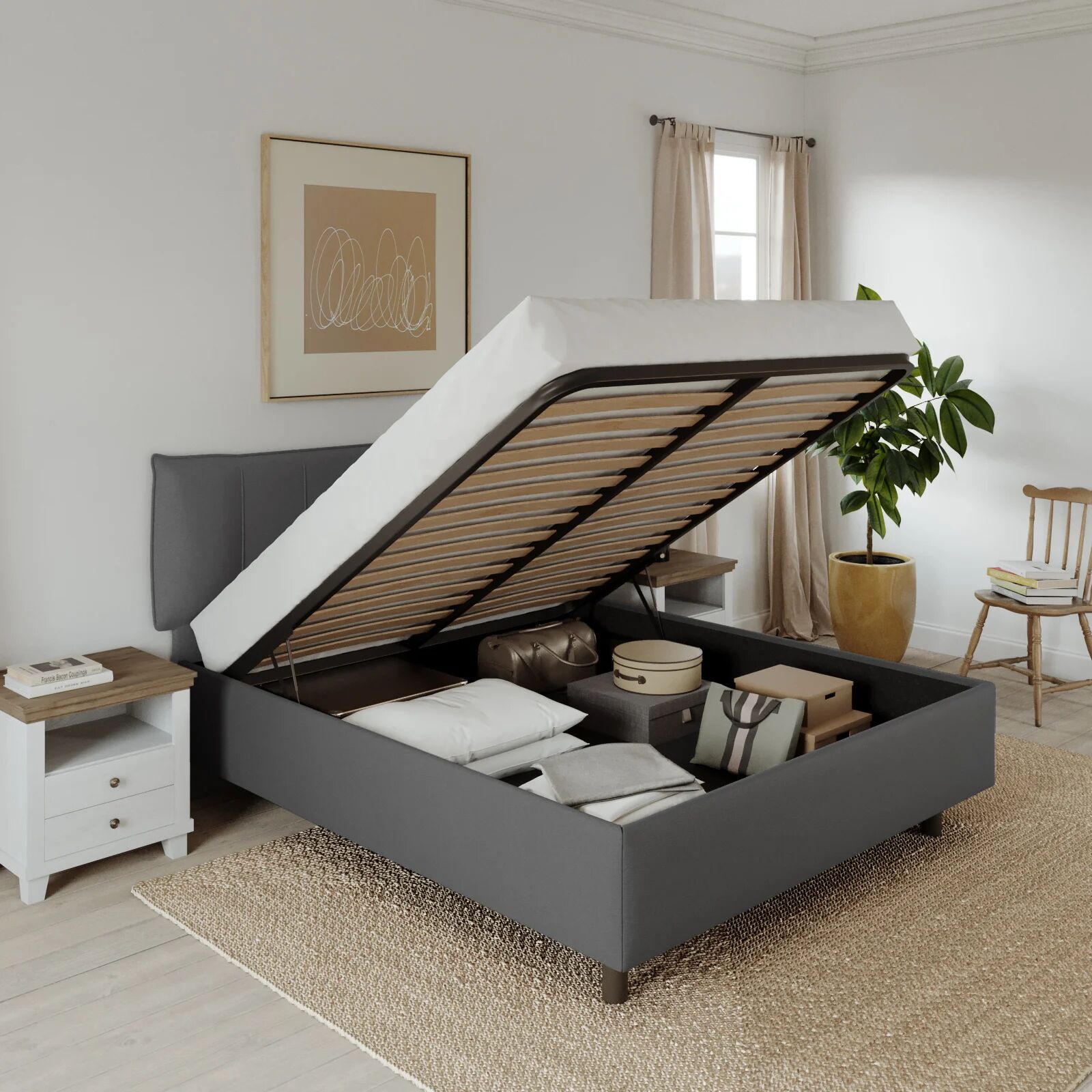 garneroarredamenti Letto contenitore matrimoniale 160x195cm imbottito tessuto antracite CozyHaven