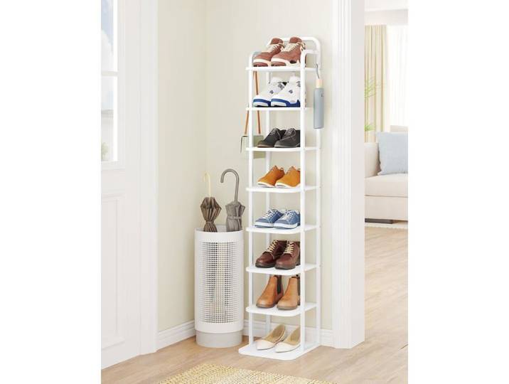 Étagère à Chaussures Verticale à 8 Niveaux Tour à Chaussures pour Petits espaces autoportante réglable Gain de Place Blanc