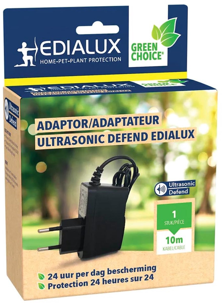 Edialux Netadapter voor ultrasone dierenverjagers, 230V voeding met 1 m kabel en 10 m verlengkabel, zwart