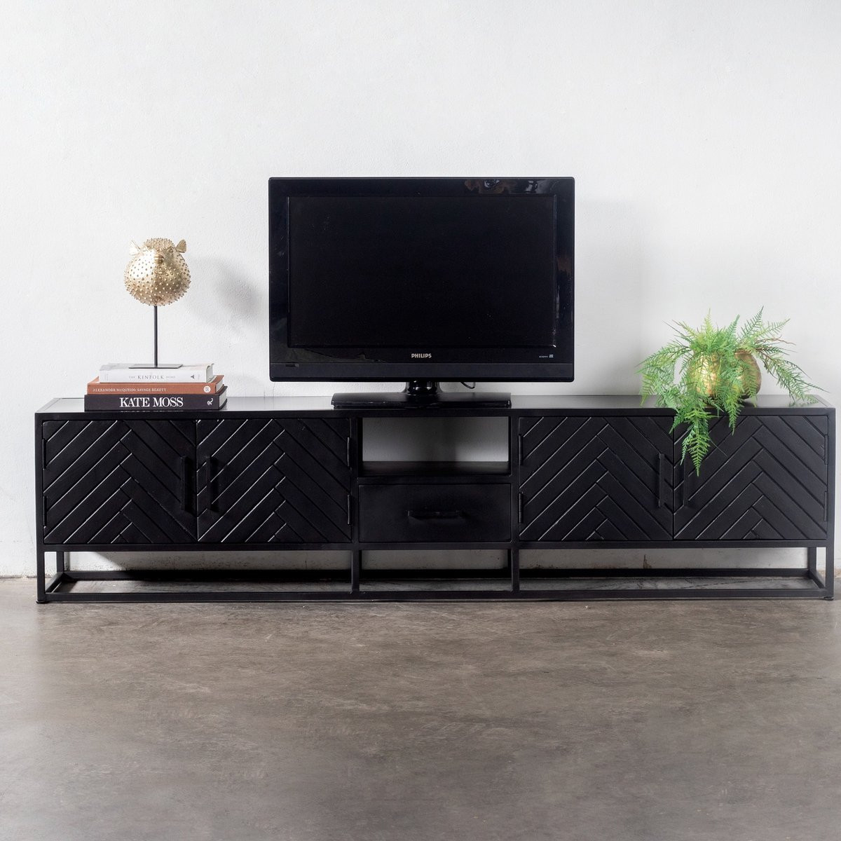 Tv-meubel Isa Zwart Visgraat Mangohout 210 cm - Giga Meubel