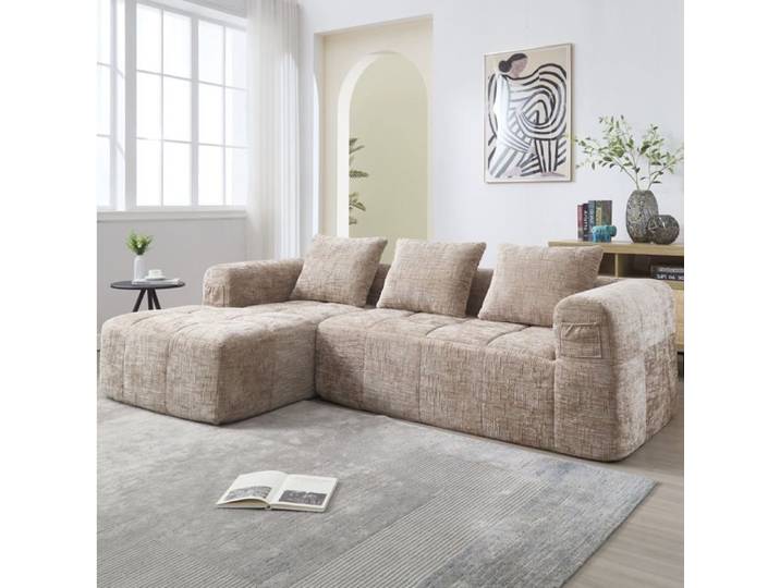 Canapé d'angle en L 3 places avec poche latérale - BEAUNIV - 3 coussins sans installation chenille beige
