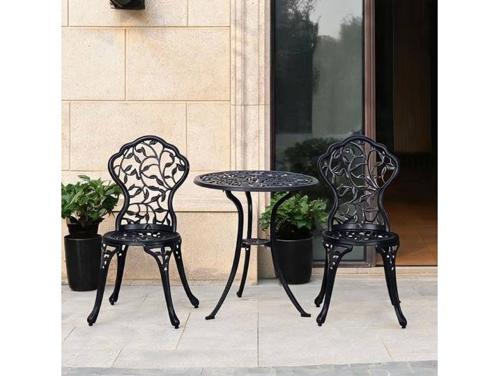 Ensemble de table bistrot ronde en fonte d'aluminium noir 3 pièces style antique pour jardin et terrasse