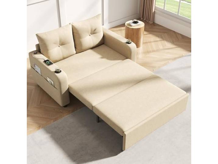 BTM 3-in-1 Schlafsofa Ausziehbares Sofabett mit Schlaffunktion, Doppelsofa mit Getränkehalter, Kissen und USB-Anschluss, Beige