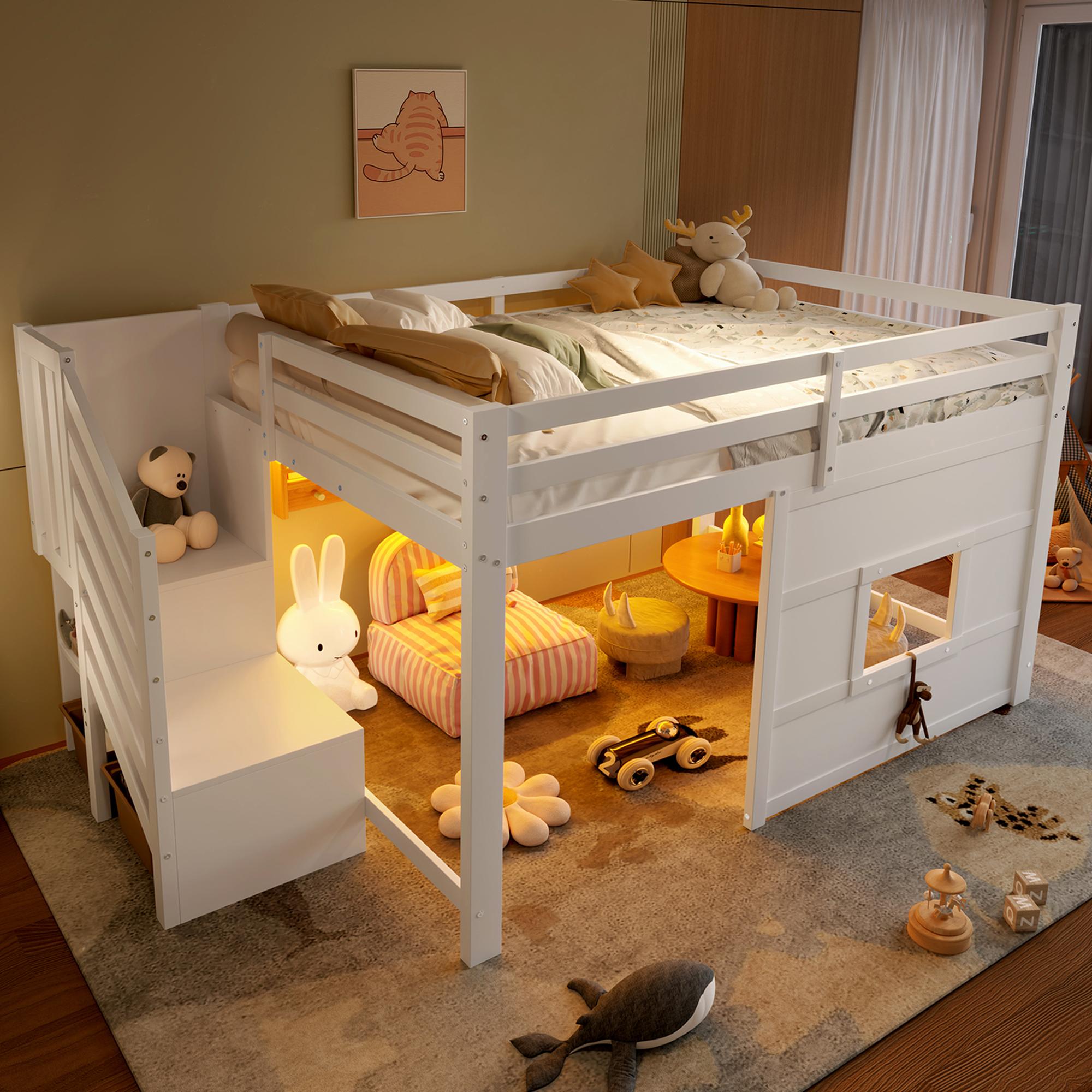 Merax Etagenbett 140x200 cm, mit Fenster, LED, Stauraumtreppe, Sicherheitshandlauf, Hochbett Kinderbett Holzbett, Jugendbett, Stockbett, Weiß