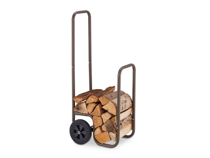 Relaxdays Kaminholzwagen Braun Stahl 2 Gummireifen 60 kg, Metall, Kunststoff, 41x109.5x45 cm, Elektrogeräte, Heizgeräte, Elektrokamine
