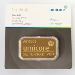 Goldbarren 50g UMICORE/Blister m. Zertifikat