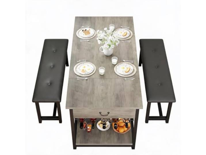 JustSmart Modernes Essgruppe-Set für 4 – Esstisch & 2 PU-Lederbänke, Schubladen & Weinregal – Platzsparend für Küche/Apartment – Hochwertiges MDF – Farbe: Grau