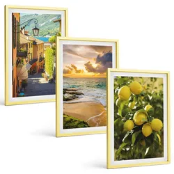 BILDER SET 3er Set - 40x60 cm Goldrahmen - Straßen, Meer, Strand, Zitrusbäume