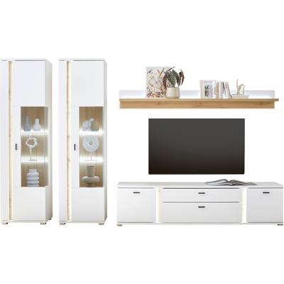 Wohnwand HOME AFFAIRE "LONG ISLAND", weiß (weiß, eiche), B:330cm H:200cm T:42cm, Holzwerkstoff, Kastenmöbel-Sets, Wohnwand, in moderner Trendfarbe,inklusive senkrechter Beleuchtung,Breite 330 cm