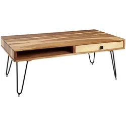 KADIMA DESIGN Couchtisch BAGLI Massiv-Holz Akazie 110 cm breit Wohnzimmer-Tisch Design Metallbeine Landhaus-Stil