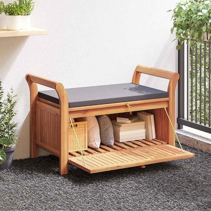 Garten-Truhenbank aus massivem Akazienholz 91 cm mit Sitzkissen, wetterfeste Outdoorbank für Terrasse Balkon Veranda, praktische Gartenbank mit Stauraum für Gartenmöbel und Gartensitzmöbel