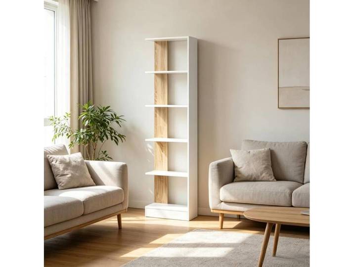 Bibliothèque verticale – Étagère de rangement 5 compartiments ouverts – blanc et chêne