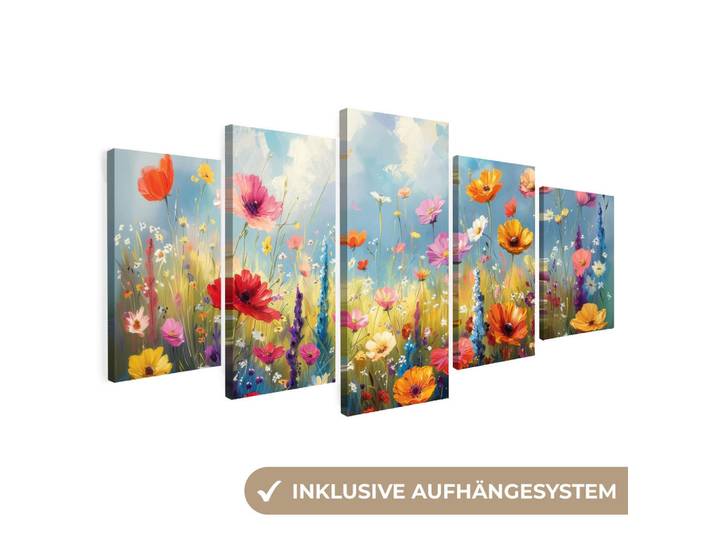 MuchoWow Leinwandbild - 5er Set - Blumen - Frühling - Farbenfroh - Sommerlich - 100x50, Orange, Textil, Kiefer, Rechteckig, 100x50 cm, Keilrahmen, Bilder & Rahmen, Bilder, Wandbilder