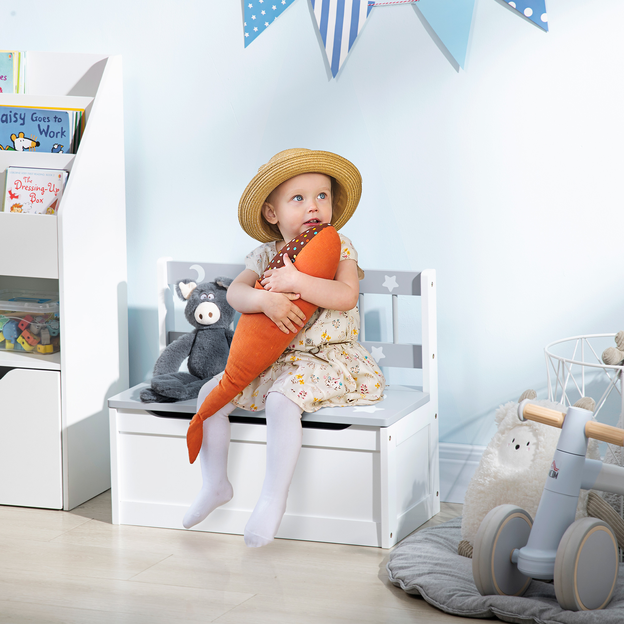 Zonekiz Cassapanca Moderna Portagiochi 2 in 1, Sedia per Bambini con Leva a Gas, in MDF e Legno di Pino, 60x30x50 cm, Bianco e Grigio Aosom