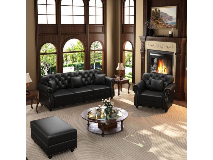 Ensemble Canapé Chesterfield 4 Places avec Fauteuil et Pouf Simili Cuir Noir Capitonnage